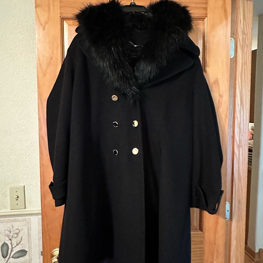 Ivanka Trump Black Pea Coat with Fur Collar